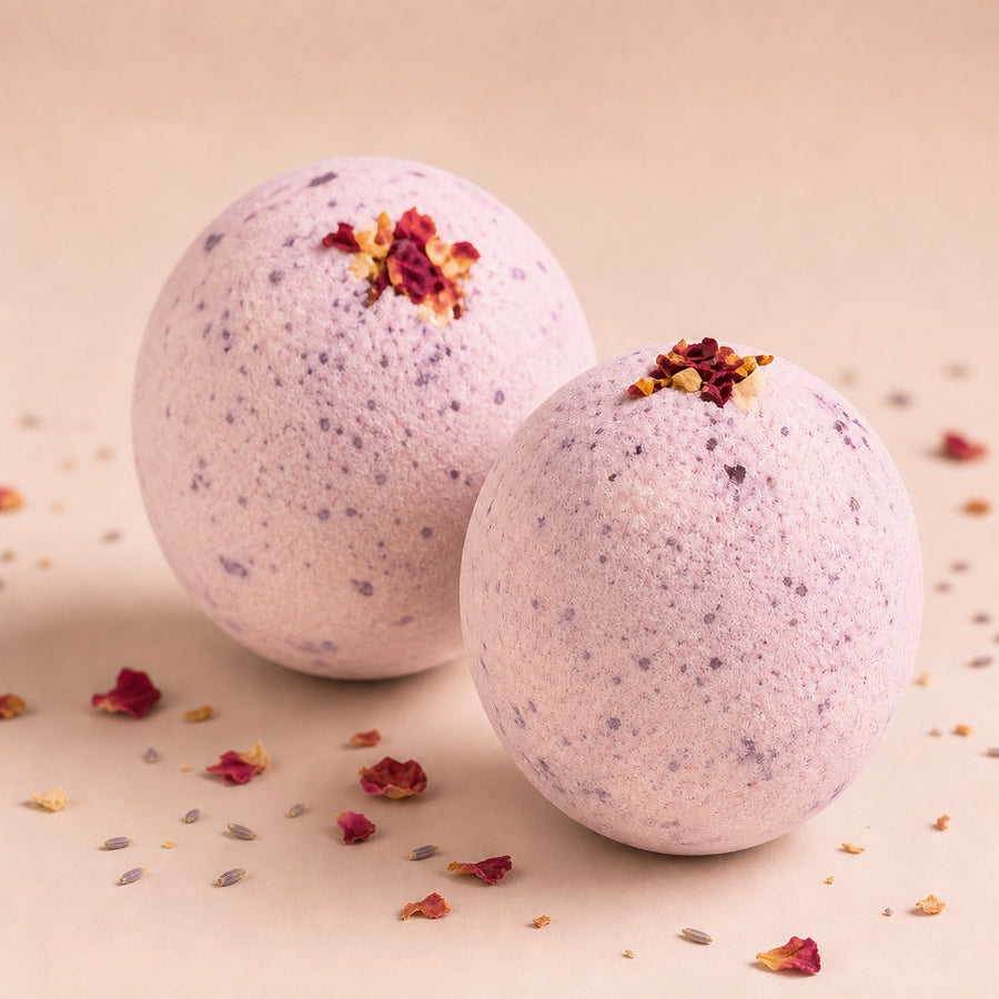 Handmade lavender bath bombs topped with dried flowers