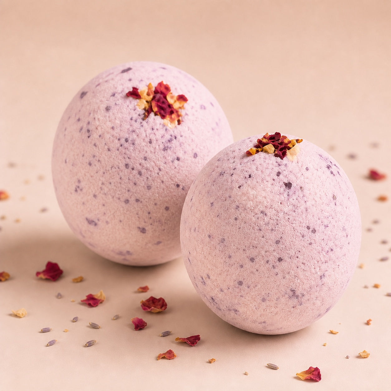 Handmade bath bombs topped with dried flowers