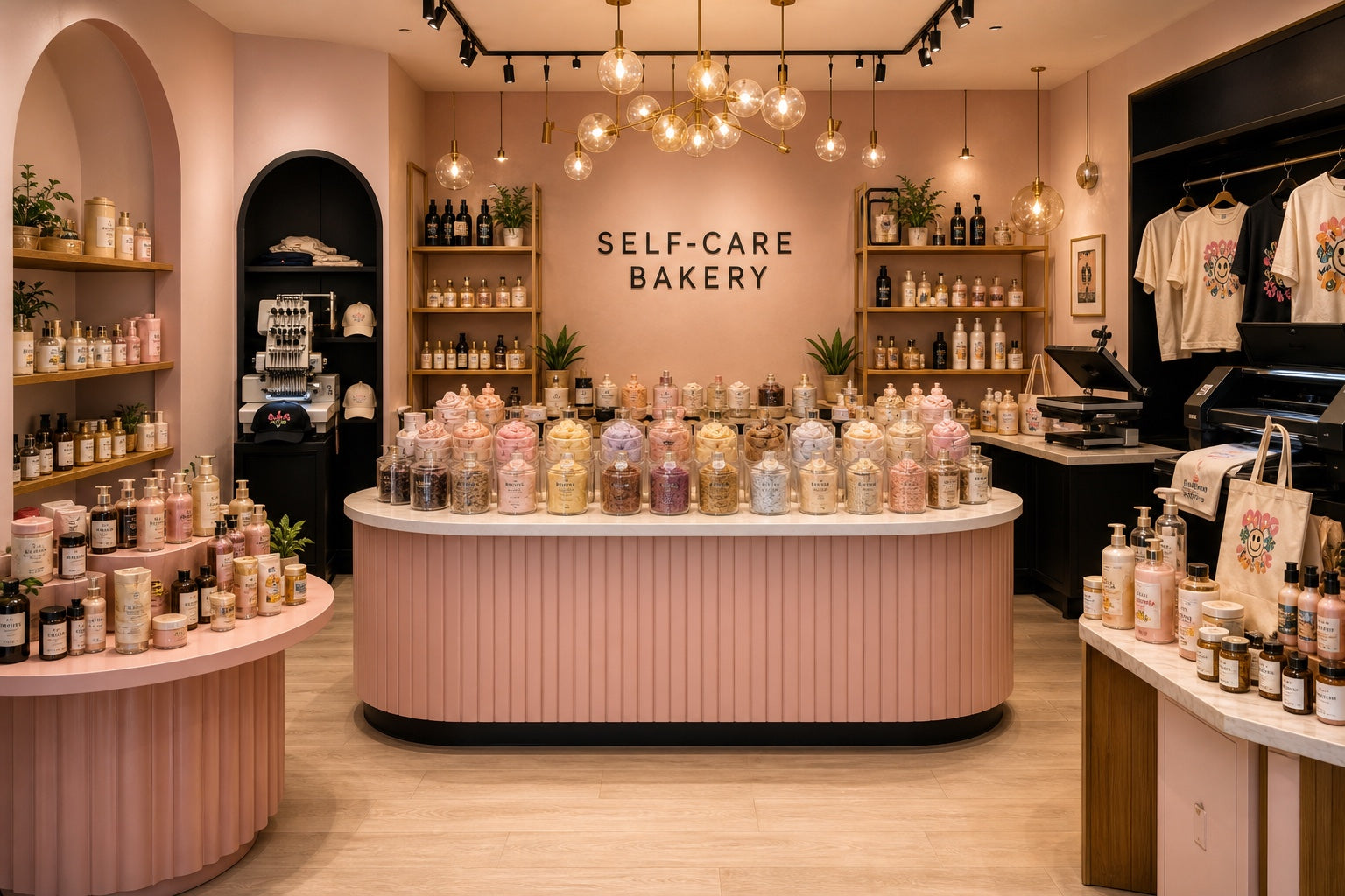 The Self-Care Bakery with gelato-style self-care bar, embroidery station and apparel area
